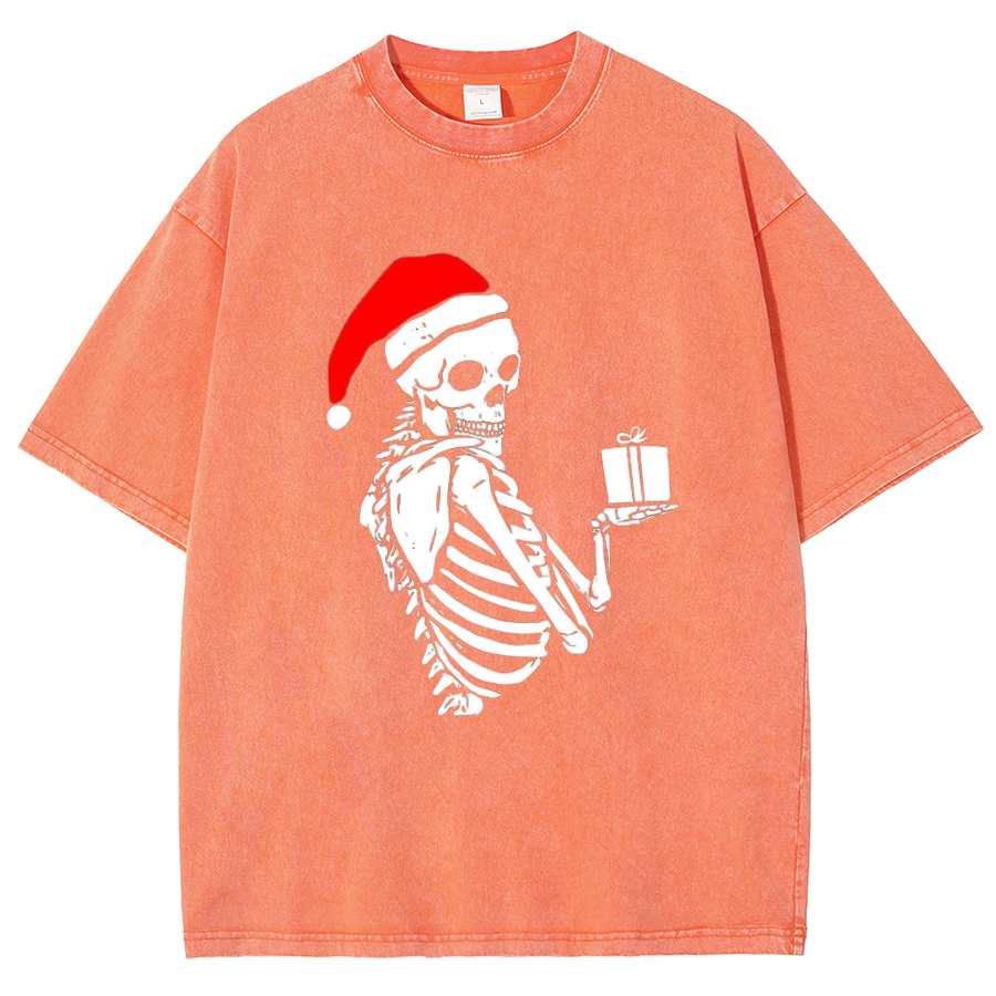 Muchic Christmas Skeleton Unisex Oversized Print Vintage Wash Denim T-Shirt