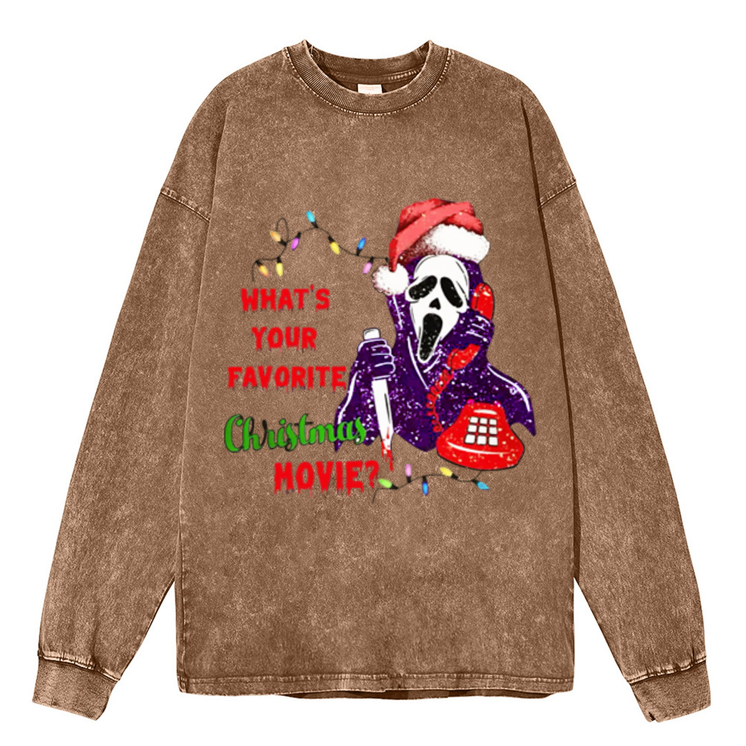 Muchic Christmas Movie Unisex Casual Washed Printed Round Neck Long Sleeve T-shirt