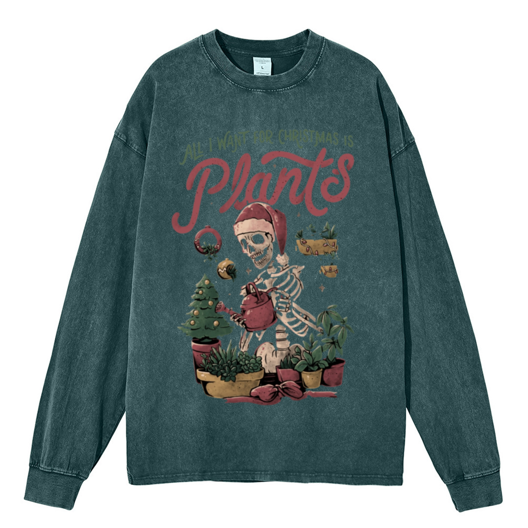 Muchic Christmas Plants Unisex Casual Washed Printed Round Neck Long Sleeve T-shirt