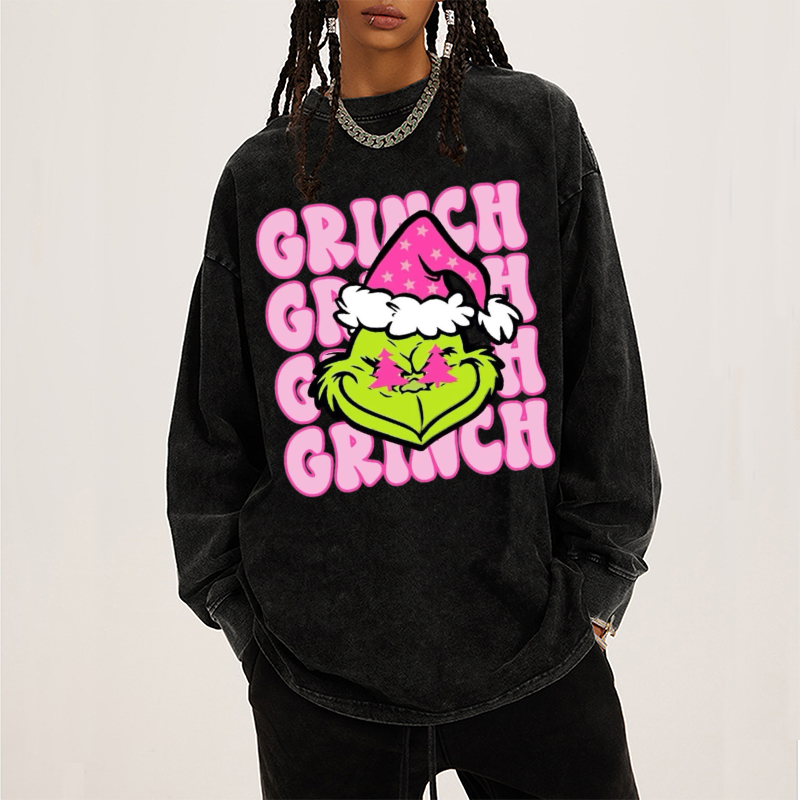 Muchic Grinch Unisex Casual Washed Printed Round Neck Long Sleeve T-shirt