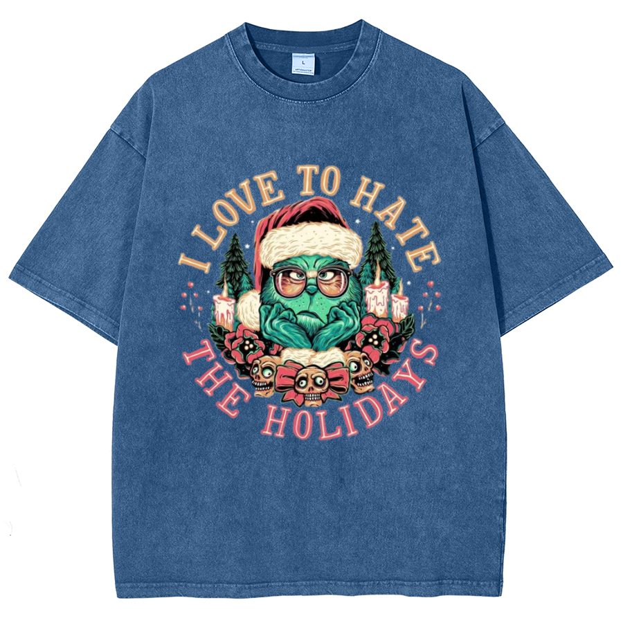 Muchic The Holidays Unisex Oversized Print Vintage Wash Denim T-Shirt