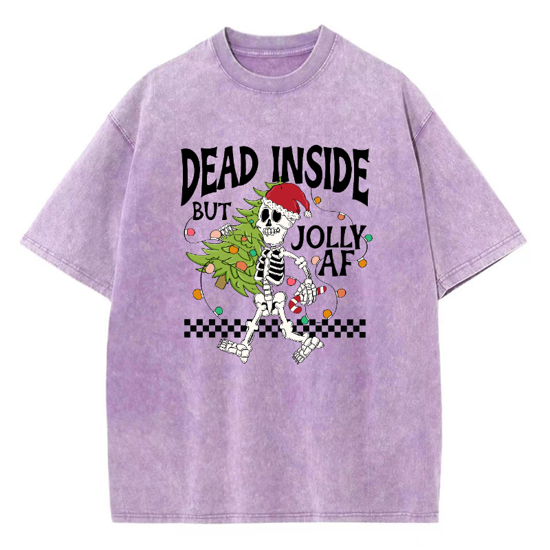 Muchic Unisex Dead Inside But Jolly Af Fun Skeleton Christmas Tree Printed Retro Washed Short Sleeved T-Shirt