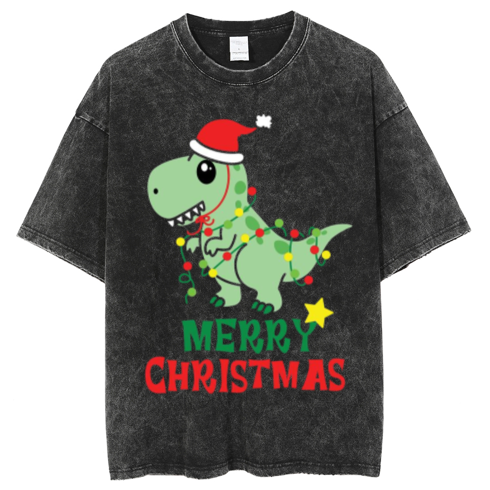 Muchic Merry Christmas Unisex Oversized Print Vintage Wash Denim T-Shirt