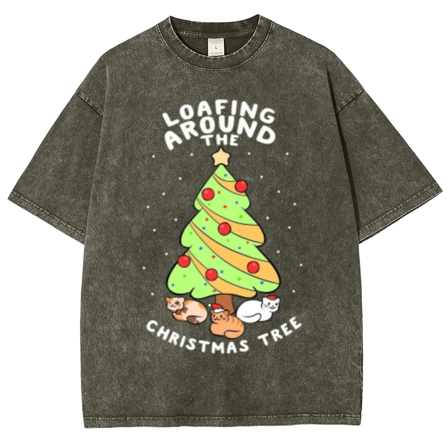 Muchic Christmas Tree Unisex Oversized Print Vintage Wash Denim T-Shirt