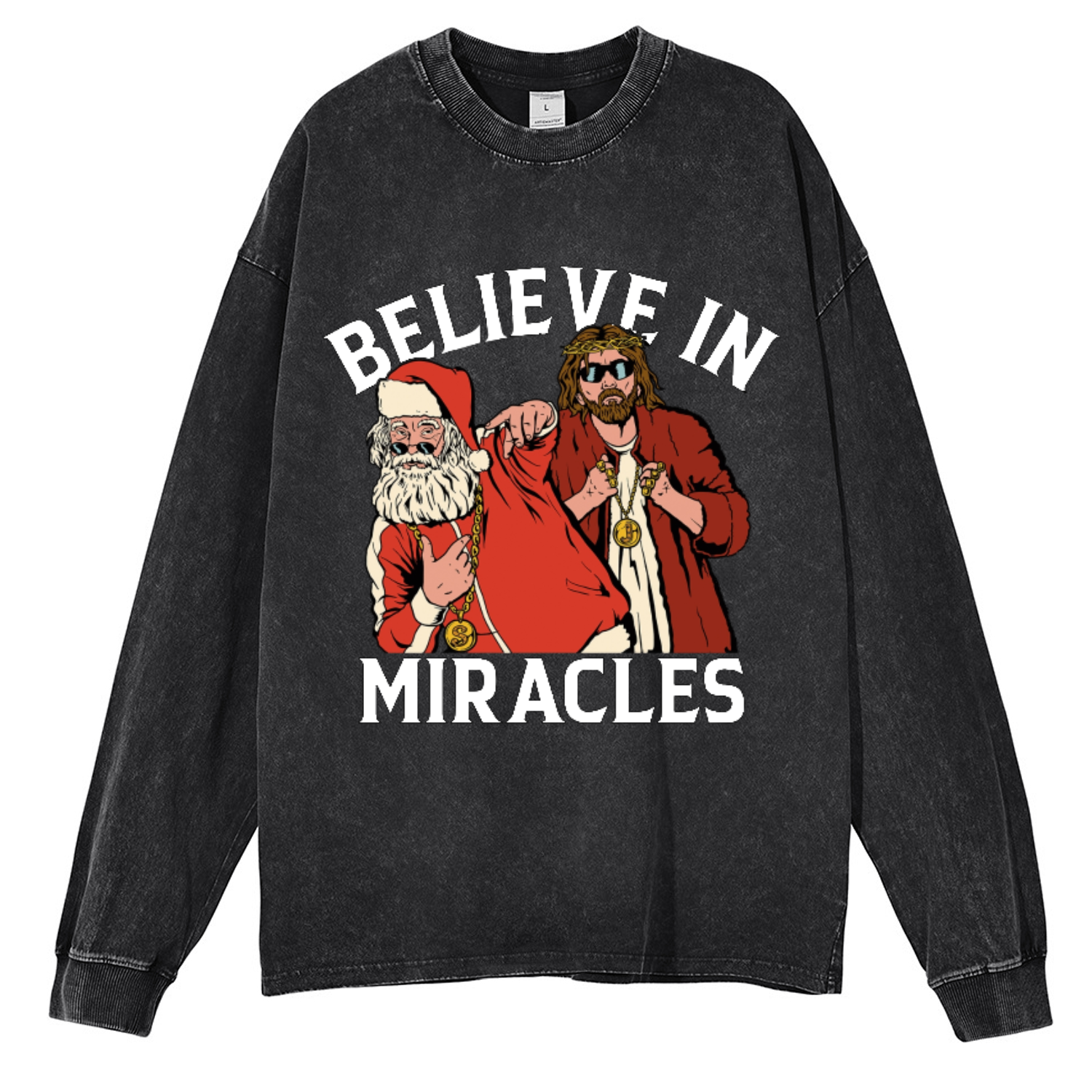 Muchic Believe In Miracles Unisex Casual Washed Printed Round Neck Long Sleeve T-shirt