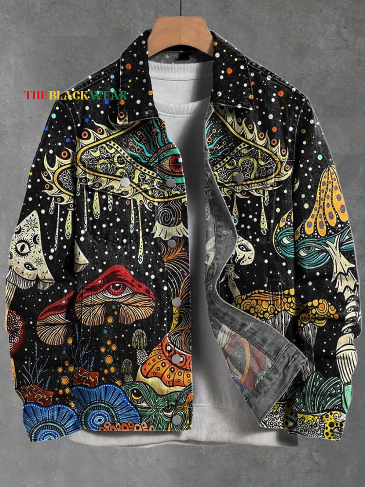 Vintage Psychedelic Mushroom Eyes Art Print Casual Denim Jacket