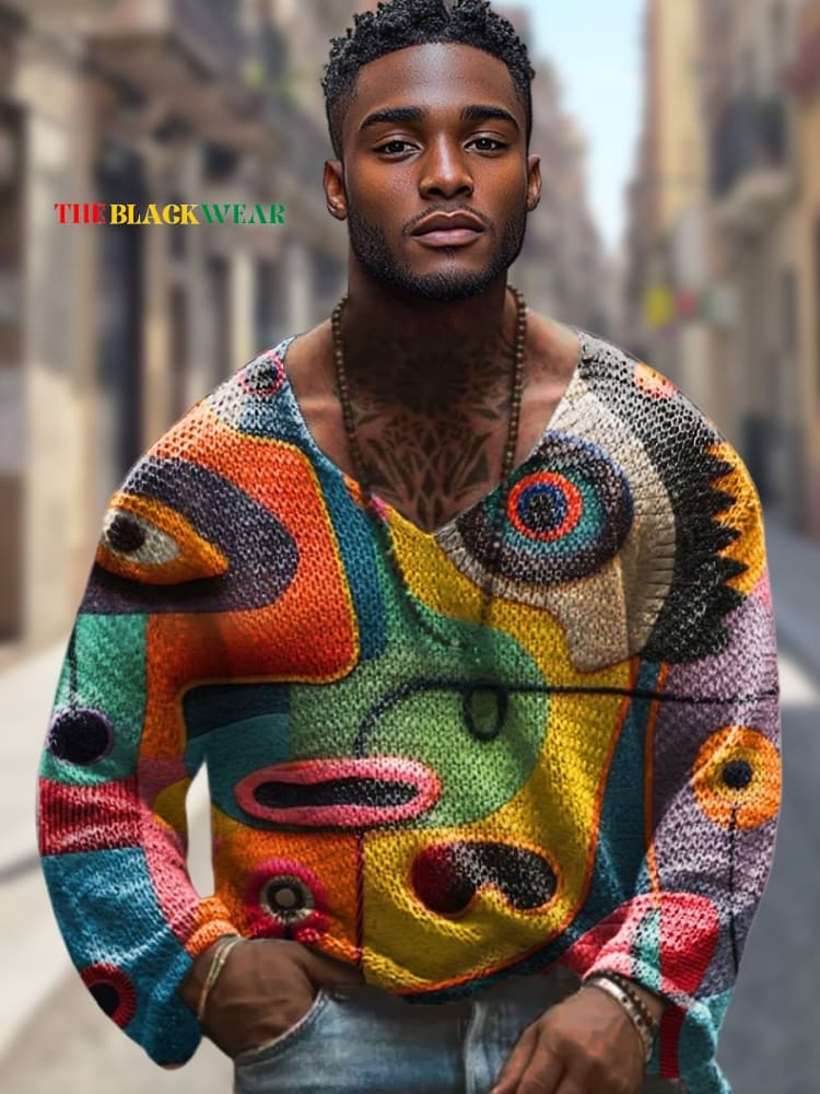 Vintage African Art Abstract Colorful Geometric Face Painting Print Buttoned Cardigan Sweater