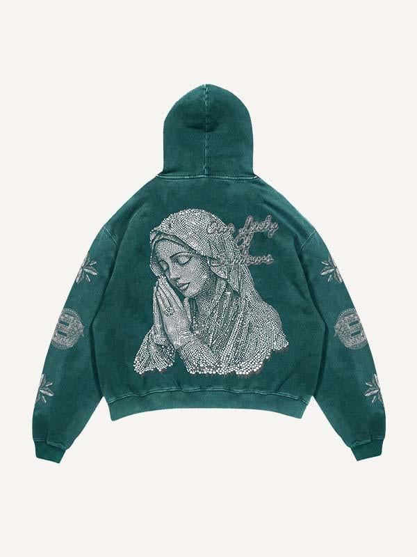 Mary&Letter Pray Faux Rhinestones Print Slant Pockets Hoodie