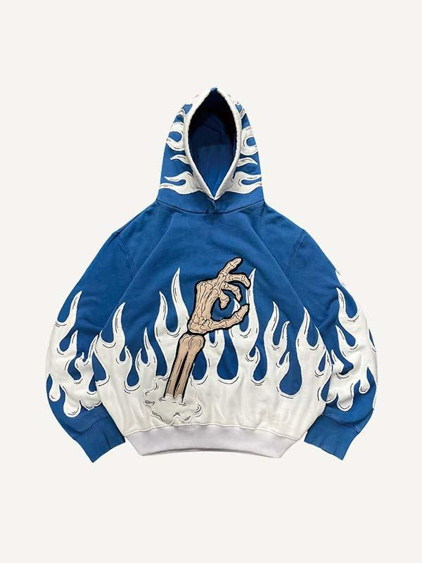 Colorblock Fire&Skull Palm Faux Decal Print Slant Pockets Hoodie