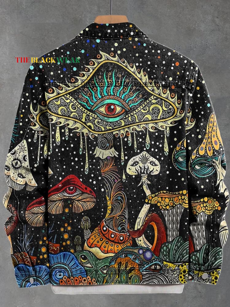 Vintage Psychedelic Mushroom Eyes Art Print Casual Denim Jacket