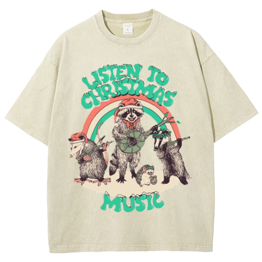 Muchic Listen To Christmas Unisex Oversized Print Vintage Wash Denim T-Shirt