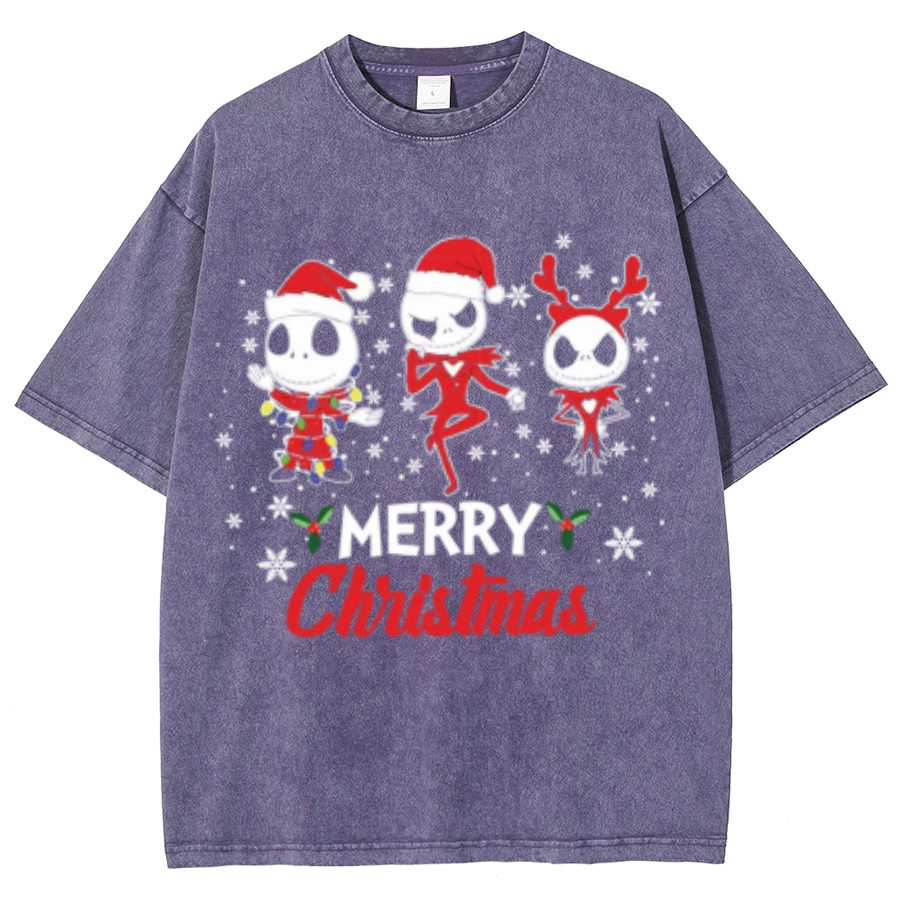 Muchic Merry Christmas Unisex Oversized Print Vintage Wash Denim T-Shirt