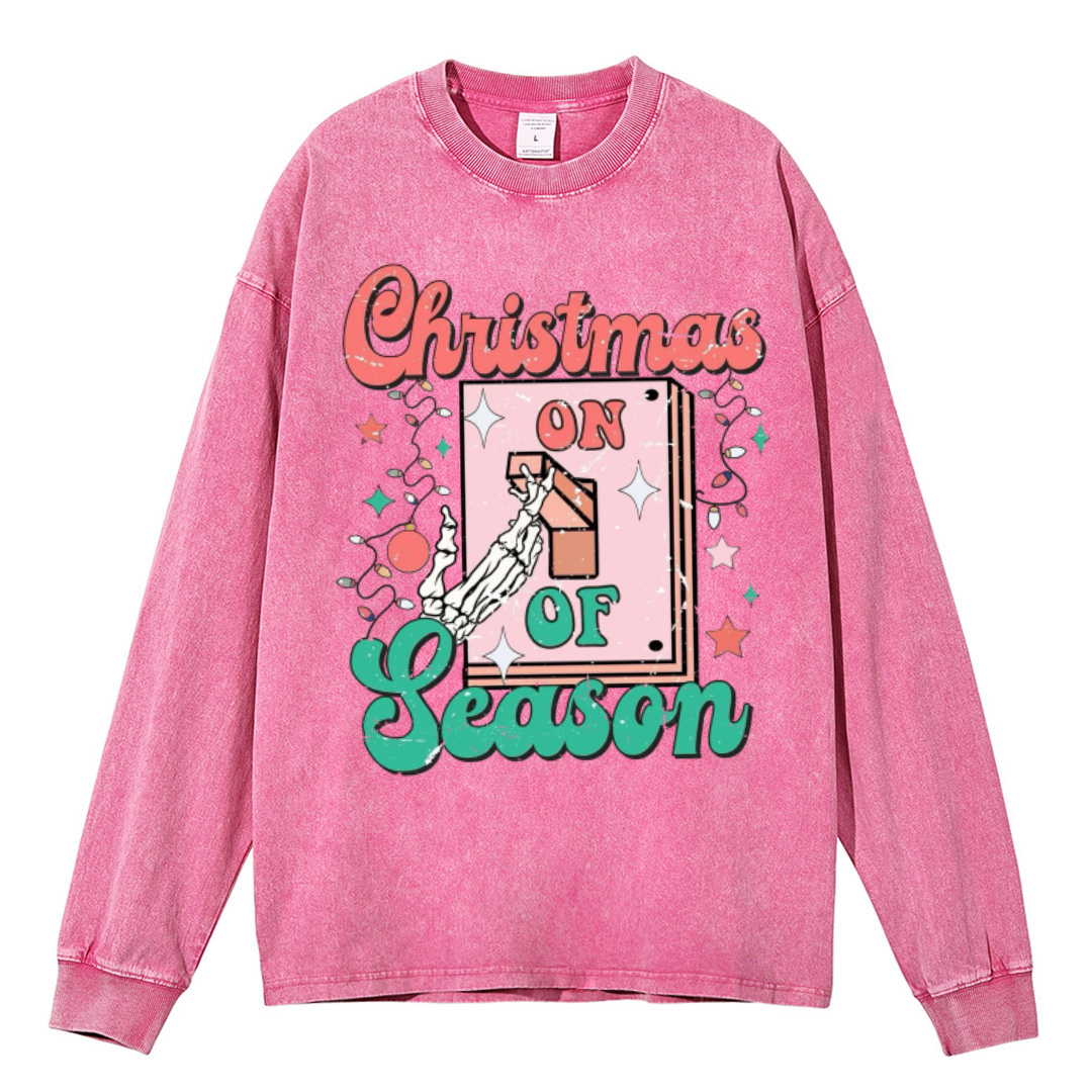 Muchic Christmas Season Unisex Casual Washed Printed Round Neck Long Sleeve T-shirt