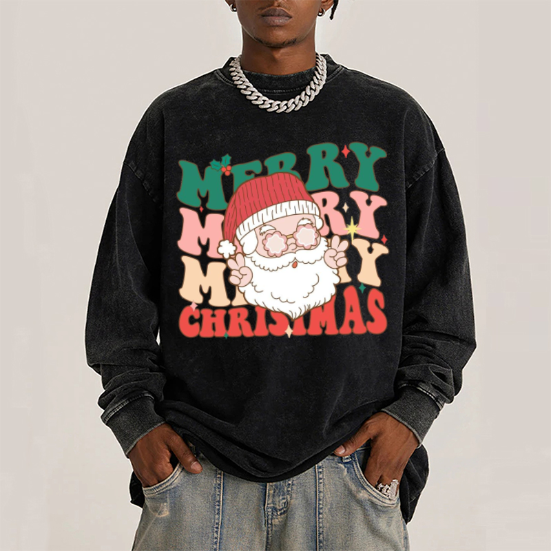 Muchic Merry Christmas Unisex Casual Washed Printed Round Neck Long Sleeve T-shirt