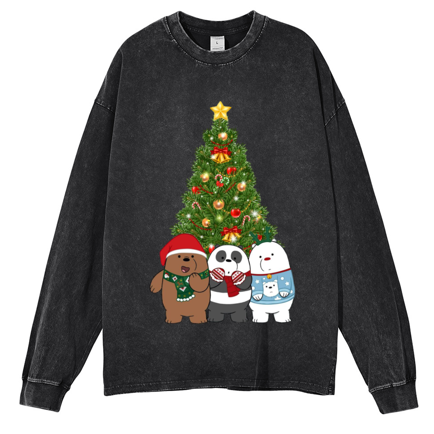 Muchic Bear Christmas Unisex Casual Washed Printed Round Neck Long Sleeve T-shirt