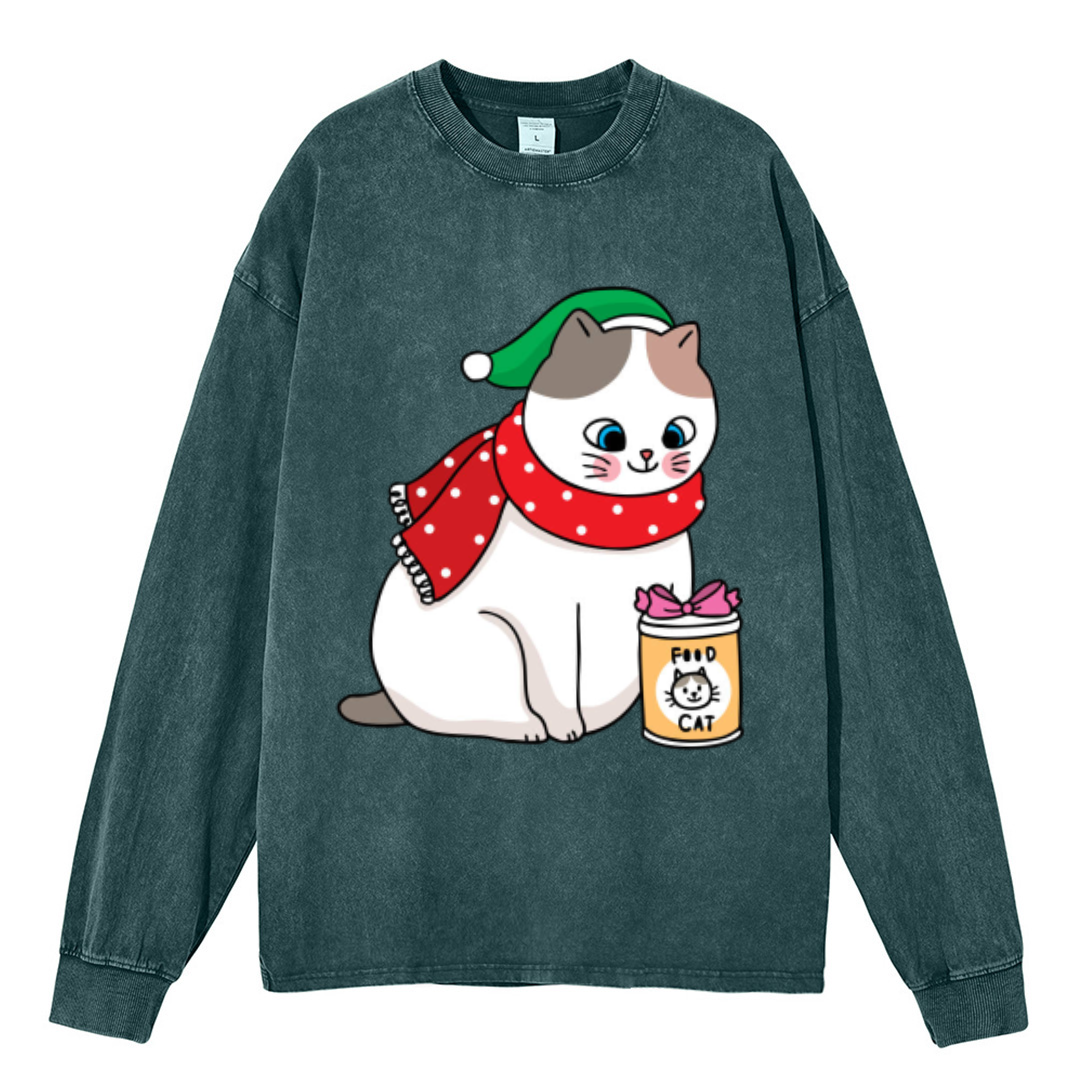 Muchic Cat Food Unisex Casual Washed Printed Round Neck Long Sleeve T-shirt