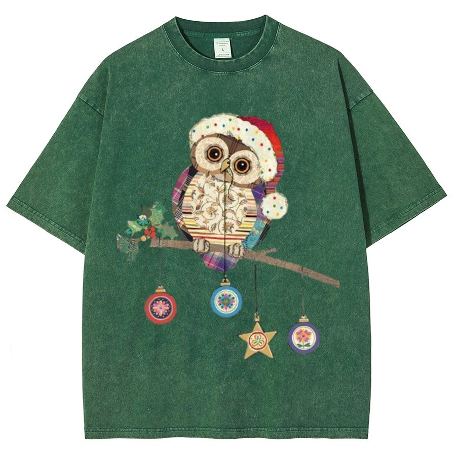 Muchic Owl Christmas Unisex Oversized Print Vintage Wash Denim T-Shirt