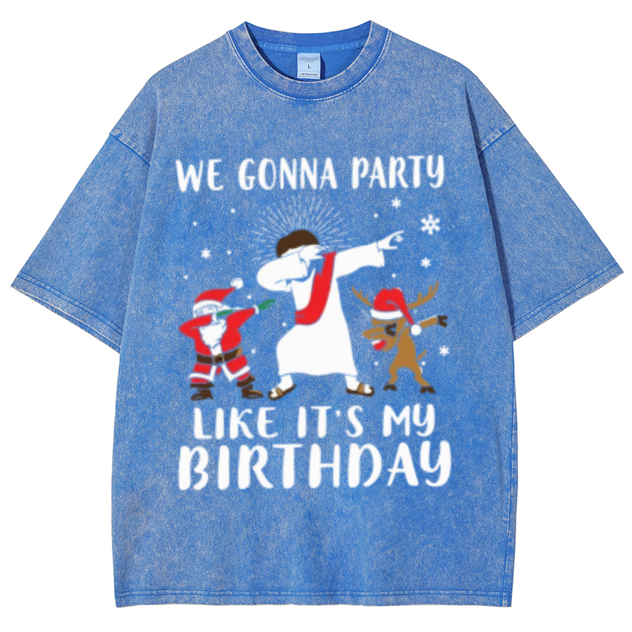 Muchic We Gonna Party Unisex Oversized Print Vintage Wash Denim T-Shirt