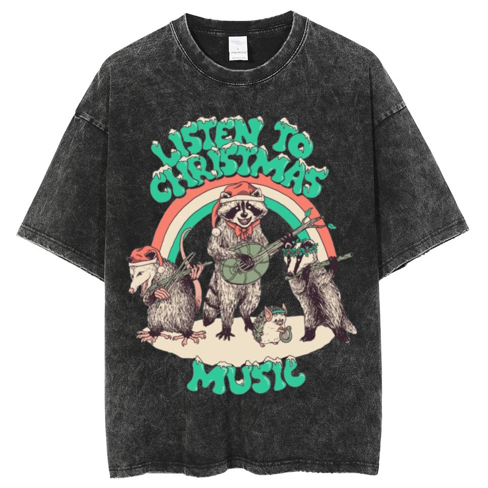 Muchic Listen To Christmas Unisex Oversized Print Vintage Wash Denim T-Shirt