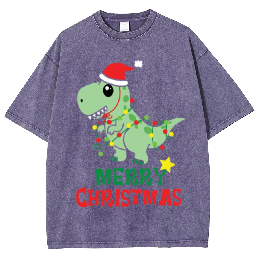 Muchic Merry Christmas Unisex Oversized Print Vintage Wash Denim T-Shirt