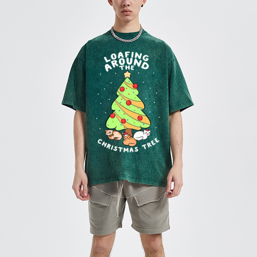 Muchic Christmas Tree Unisex Oversized Print Vintage Wash Denim T-Shirt