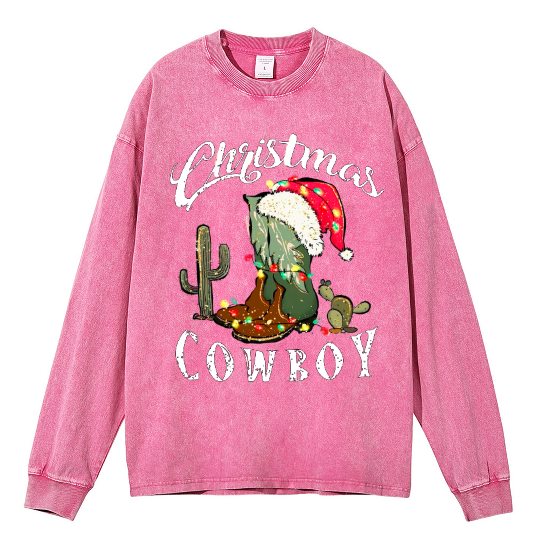 Muchic Christmas Cowboy Unisex Casual Washed Printed Round Neck Long Sleeve T-shirt