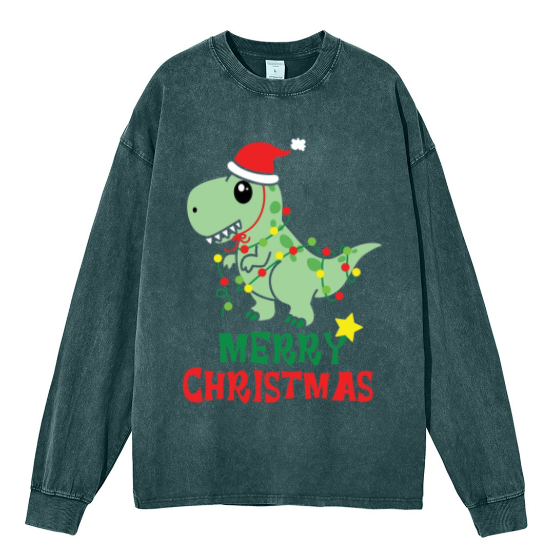 Muchic Merry Christmas Unisex Casual Washed Printed Round Neck Long Sleeve T-shirt