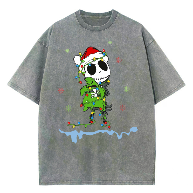 Muchic Unisex Christmas Nightmare Printed Retro Washed Short Sleeved T-Shirt