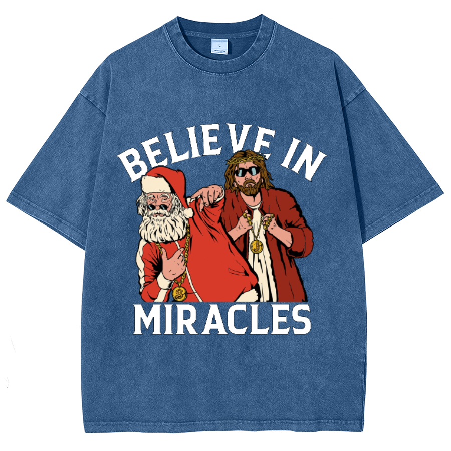 Muchic Believe In Miracles Unisex Oversized Print Vintage Wash Denim T-Shirt