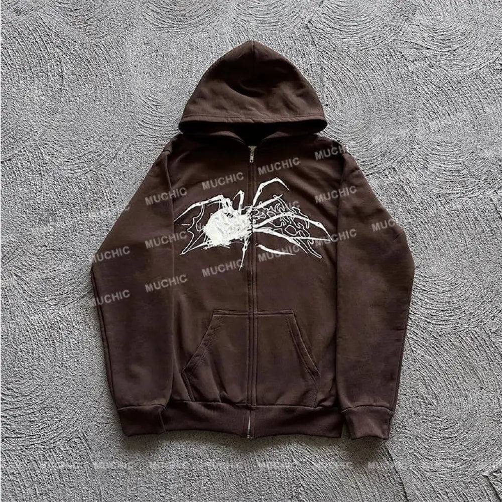 ⏰Last Day Sale💥Muchic Unisex Spider Chest Embroidered Long Sleeve Hoodie Brown / S