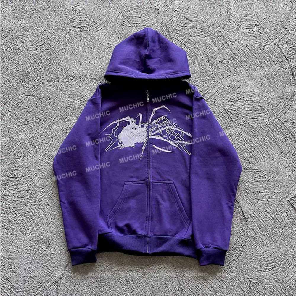 ⏰Last Day Sale💥Muchic Unisex Spider Chest Embroidered Long Sleeve Hoodie Purple / S