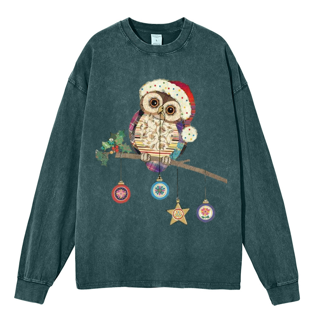 Muchic Owl Christmas Unisex Casual Washed Printed Round Neck Long Sleeve T-shirt