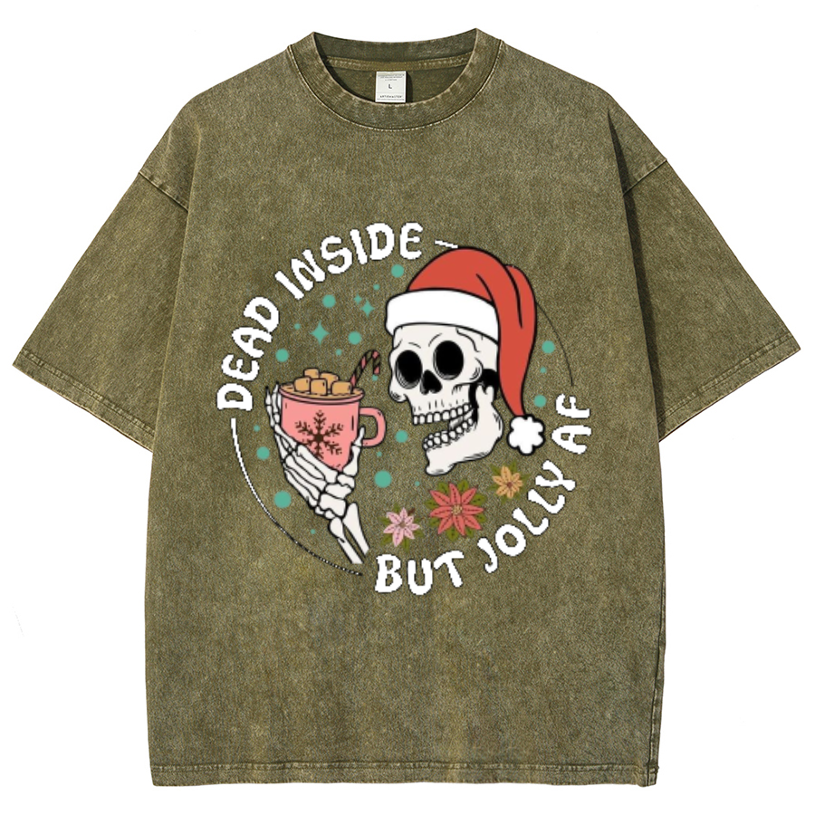 Muchic Dead Inside But Jolly Af Unisex Oversized Print Vintage Wash Denim T-Shirt