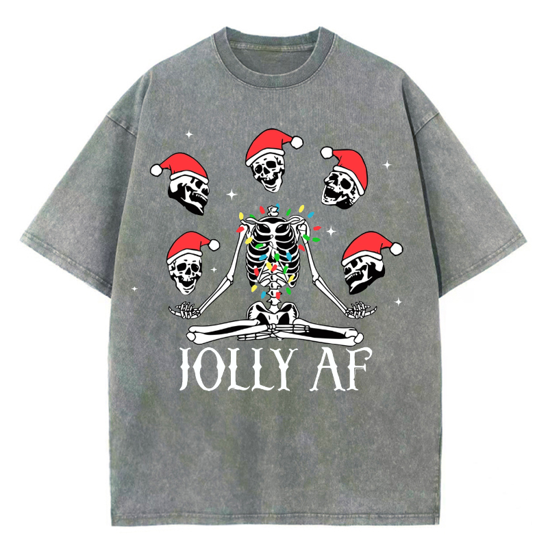 Muchic Unisex Christmas Skeleton Printed Retro Washed Short Sleeved T-Shirt