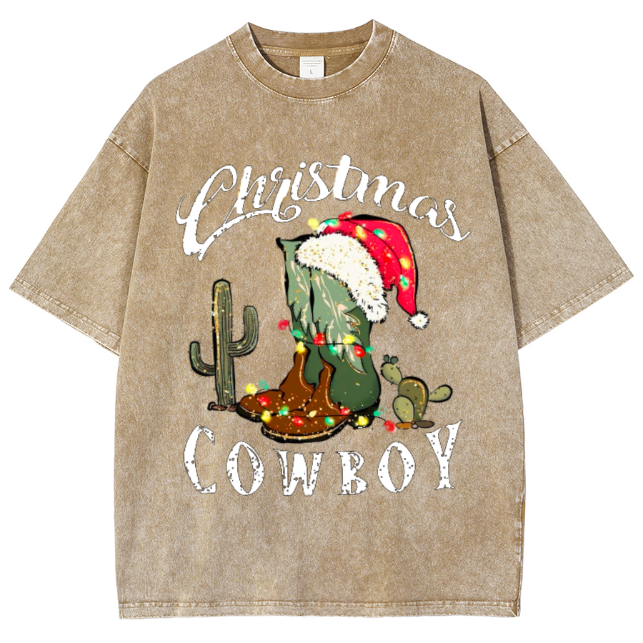 Muchic Christmas Cowboy Unisex Oversized Print Vintage Wash Denim T-Shirt