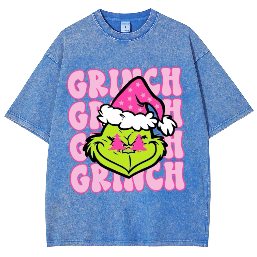 Muchic Grinch Unisex Oversized Print Vintage Wash Denim T-Shirt