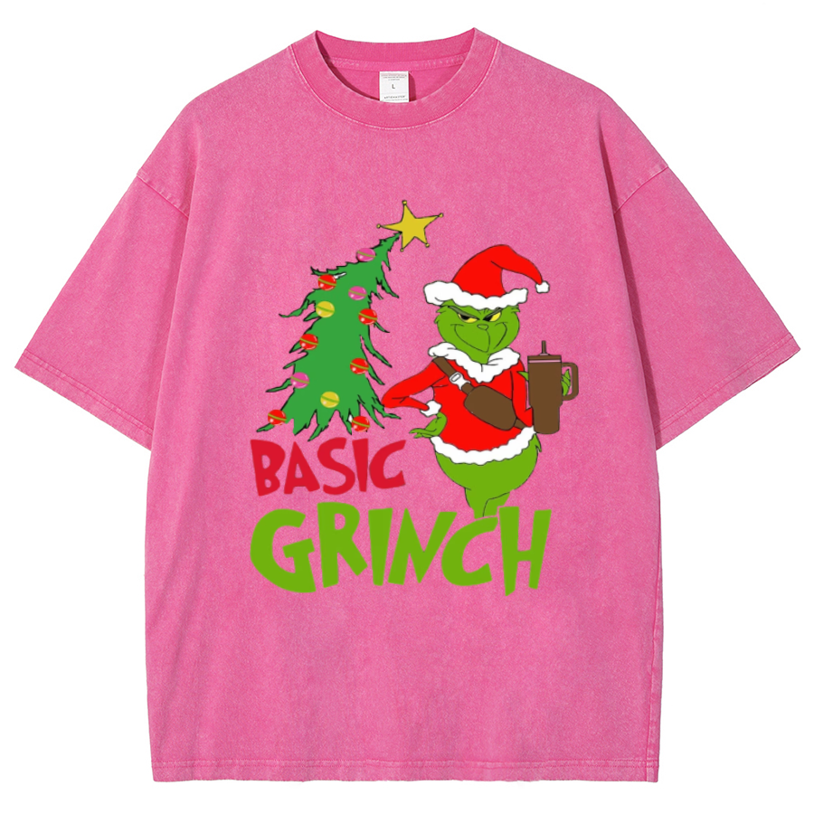 Muchic Basic Grinch Unisex Oversized Print Vintage Wash Denim T-Shirt