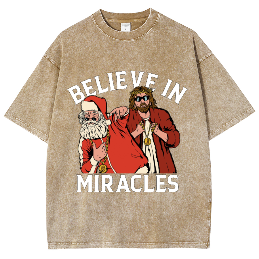 Muchic Believe In Miracles Unisex Oversized Print Vintage Wash Denim T-Shirt