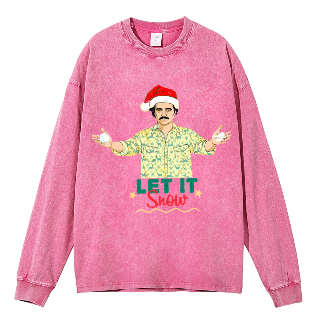 Muchic Let It Snow Unisex Casual Washed Printed Round Neck Long Sleeve T-shirt