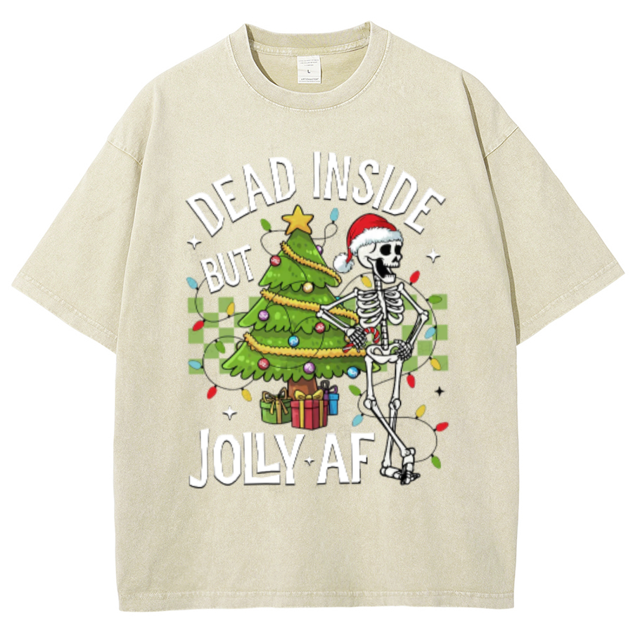 Muchic Dead Inside But Jolly Af Unisex Oversized Print Vintage Wash Denim T-Shirt