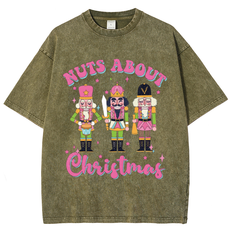 Muchic Nuts About Christmas Unisex Oversized Print Vintage Wash Denim T-Shirt