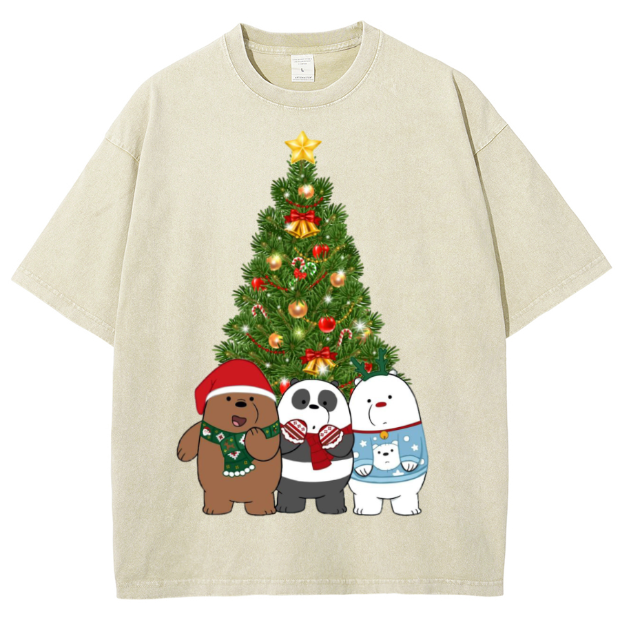 Muchic Bear Christmas Unisex Oversized Print Vintage Wash Denim T-Shirt