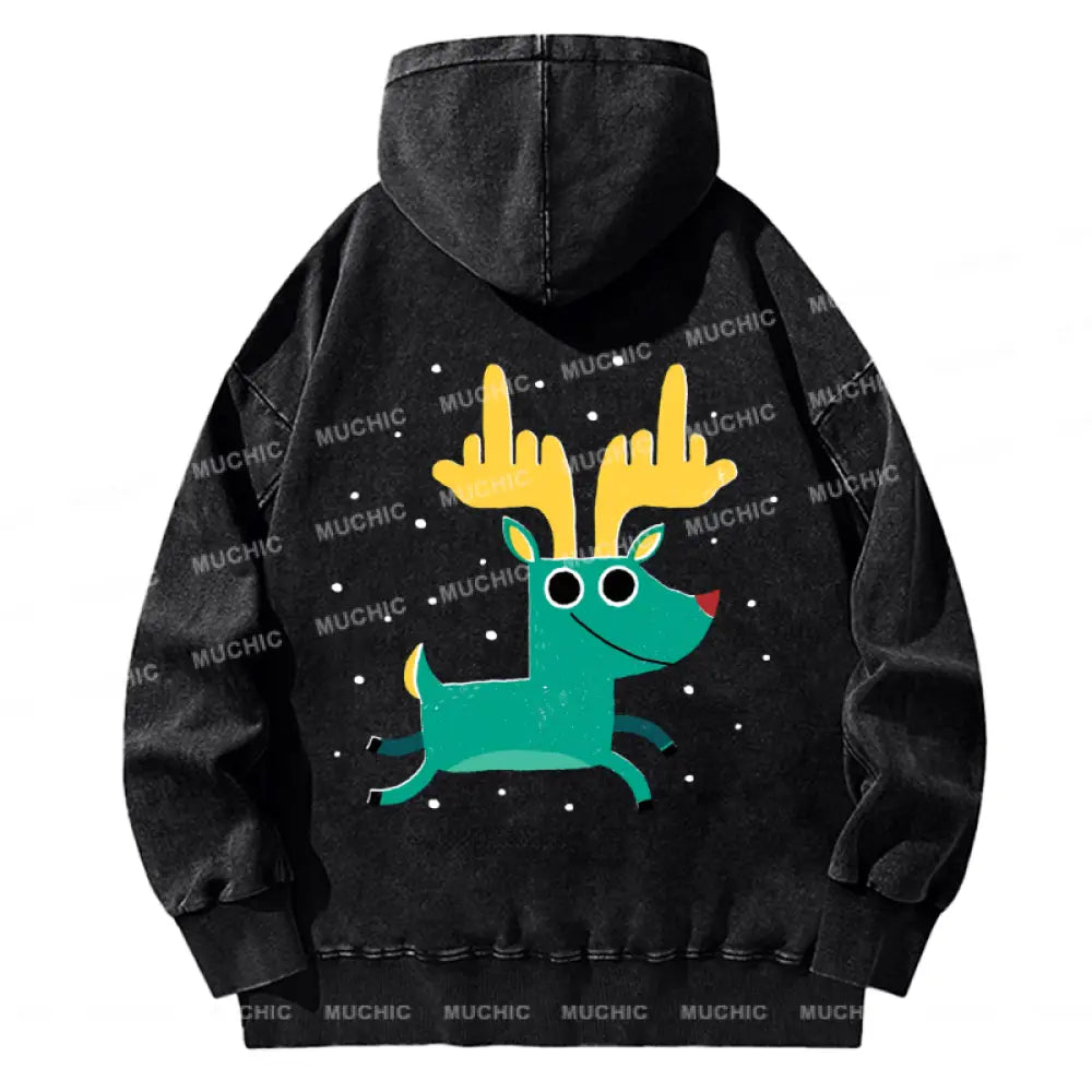 Muchic Back Printed Unisex Christmas Casual Washed Plush Thickening Hoodie Sweatshirt Black / S