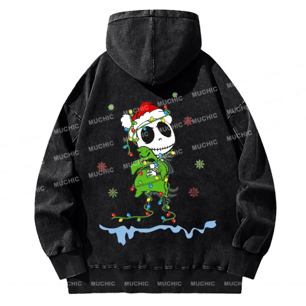 Muchic Back Printed Unisex Christmas Nightmare Casual Washed Plush Thickening Hoodie Sweatshirt