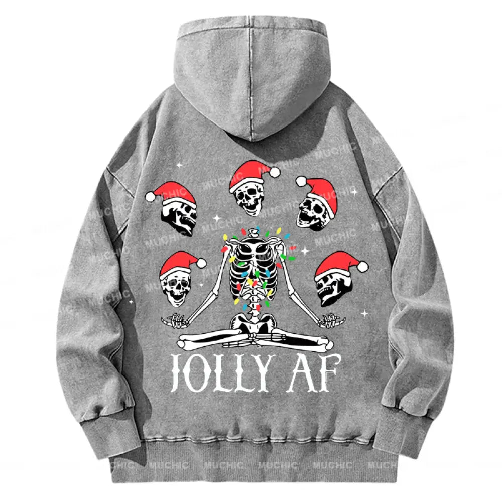 Muchic Back Printed Unisex Christmas Skeleton Casual Washed Plush Thickening Hoodie Sweatshirt Grey