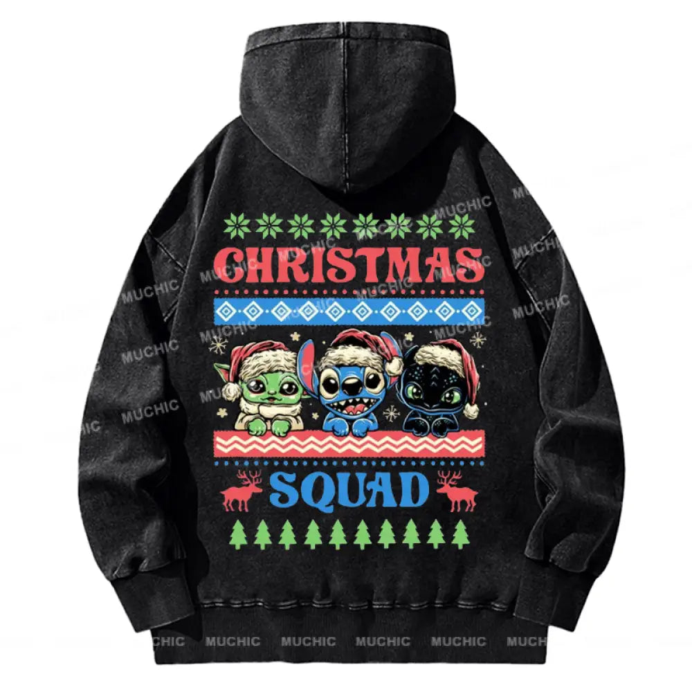 Muchic Back Printed Unisex Christmas Squad Casual Washed Plush Thickening Hoodie Sweatshirt Black /