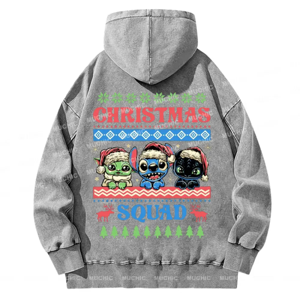 Muchic Back Printed Unisex Christmas Squad Casual Washed Plush Thickening Hoodie Sweatshirt Grey / S