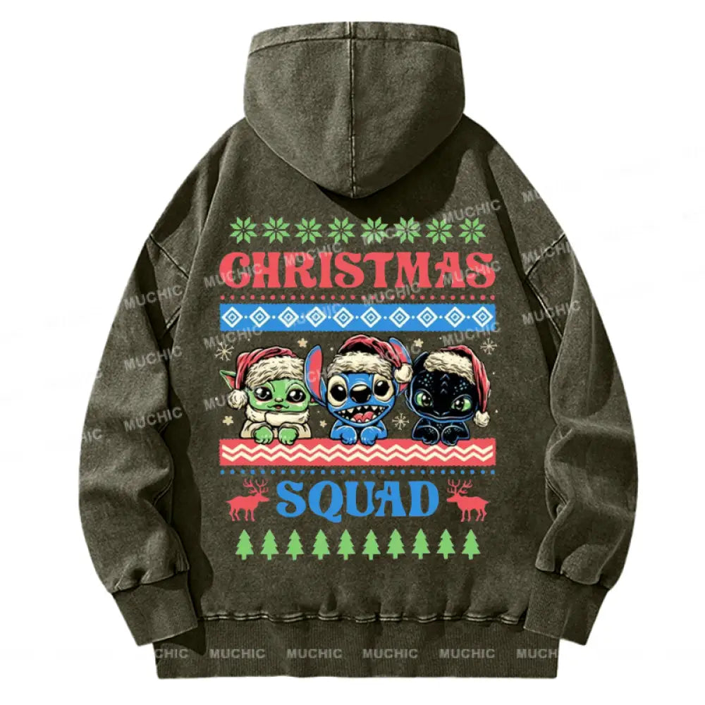 Muchic Back Printed Unisex Christmas Squad Casual Washed Plush Thickening Hoodie Sweatshirt Olive /