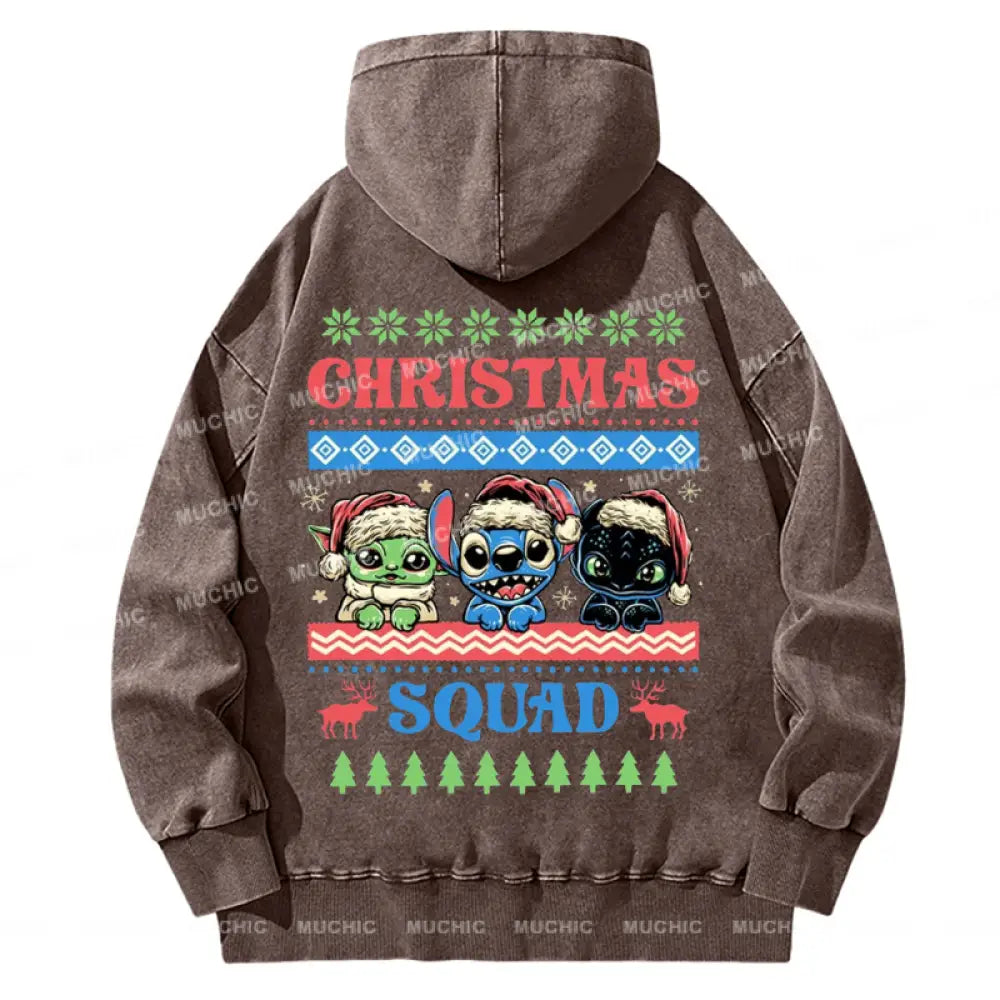 Muchic Back Printed Unisex Christmas Squad Casual Washed Plush Thickening Hoodie Sweatshirt Peru / S