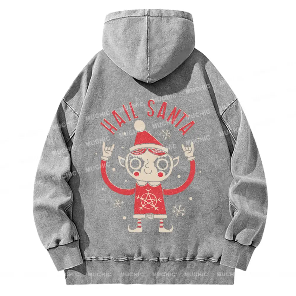 Muchic Back Printed Unisex Hail Santa Casual Washed Plush Thickening Hoodie Sweatshirt Grey / S